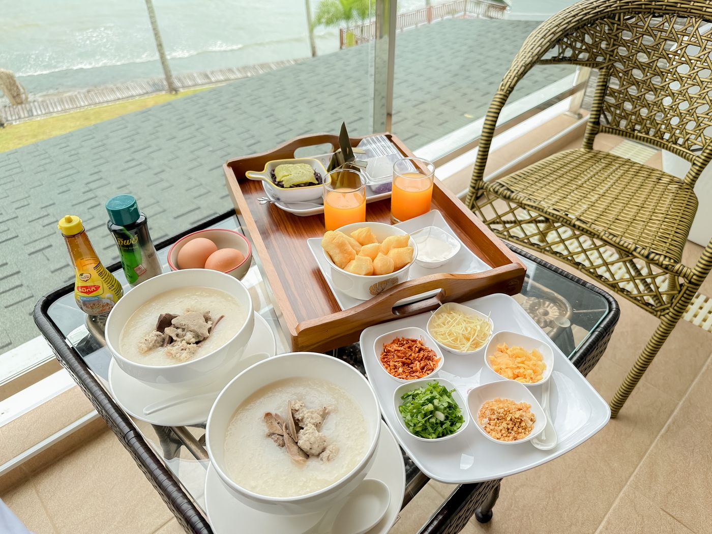 Breakfast spread with condiments